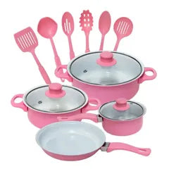 SET DE OLLAS Y JUEGO DE UTENCILIOS DE COCINA 13PZ ROSADA