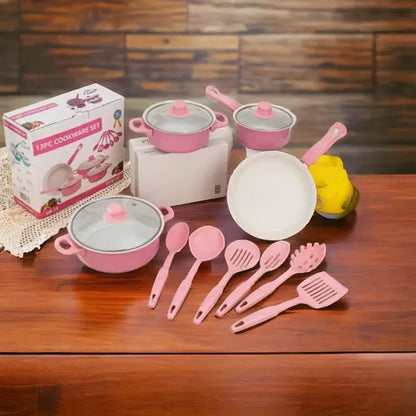 SET DE OLLAS Y JUEGO DE UTENCILIOS DE COCINA 13PZ ROSADA