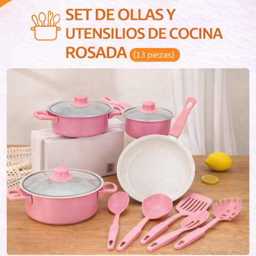 SET DE OLLAS Y JUEGO DE UTENCILIOS DE COCINA 13PZ ROSADA
